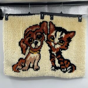 Vintage 70’s big eyes Dog Cat Latch Hook Rug Tapestry Wall Hanging Boho Kitsch